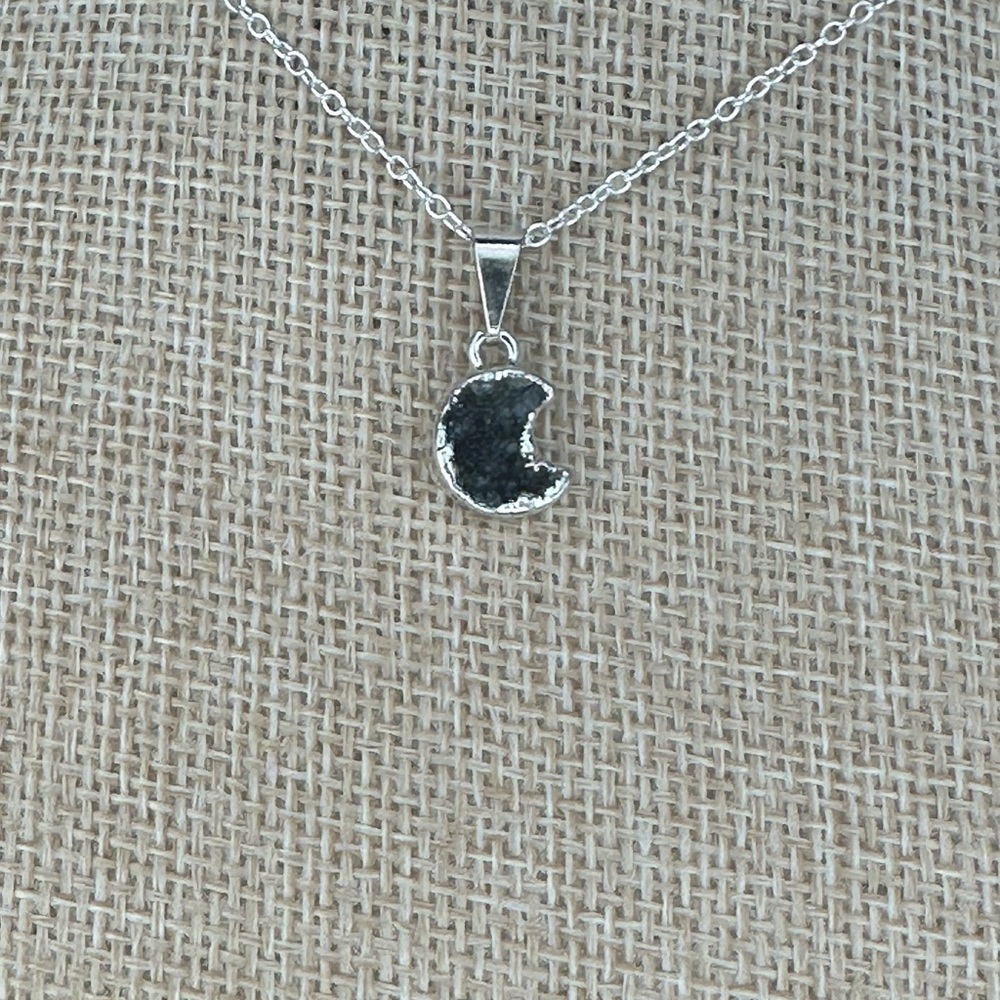 Black/Dark Purple Druzy Amethyst Crescent Moon Pendant on Chain - Picture 2 of 13